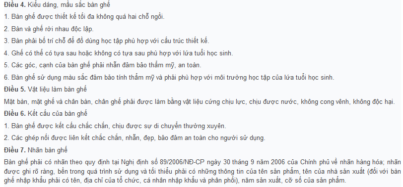 Tiêu chuẩn khác của bàn ghế học sinh